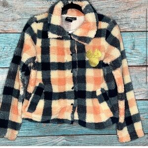 Disney Fleece Fuzzy Jacket XS Plaid Pink Blue Minnie Mouse NWT Girlhoodcore Soft